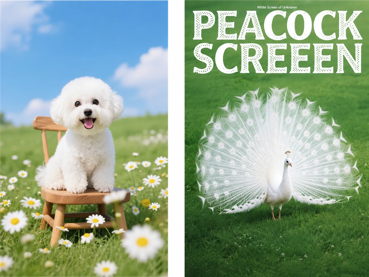 Official Seedream editing guide reference pair: a dog photo and a peacock poster