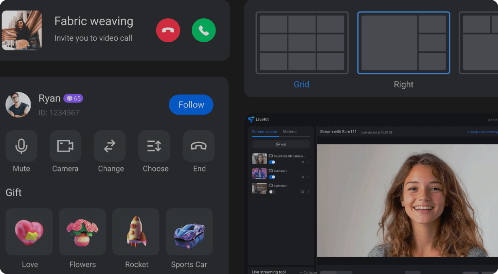 Official Tencent RTC UIKits demonstration showing calling, layout selection and live streaming interfaces